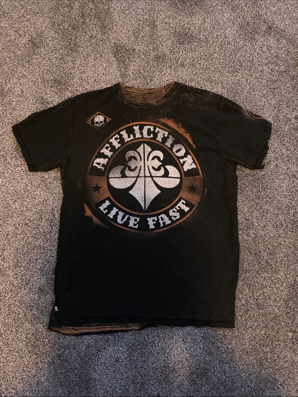 Affliction Reversible Black Graphic Tee with Brown Distressed Accents